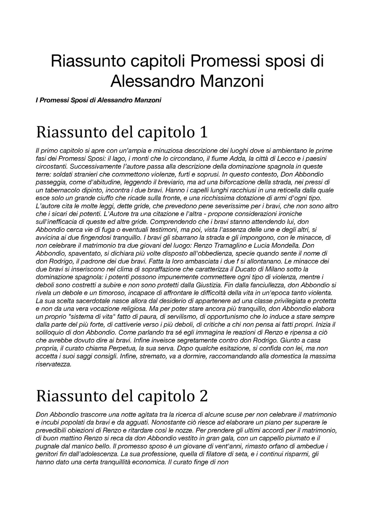 Riassunto capitoli Promessi sposi di Alessandro Manzoni - Letteratura  italiana - Università di - Studocu