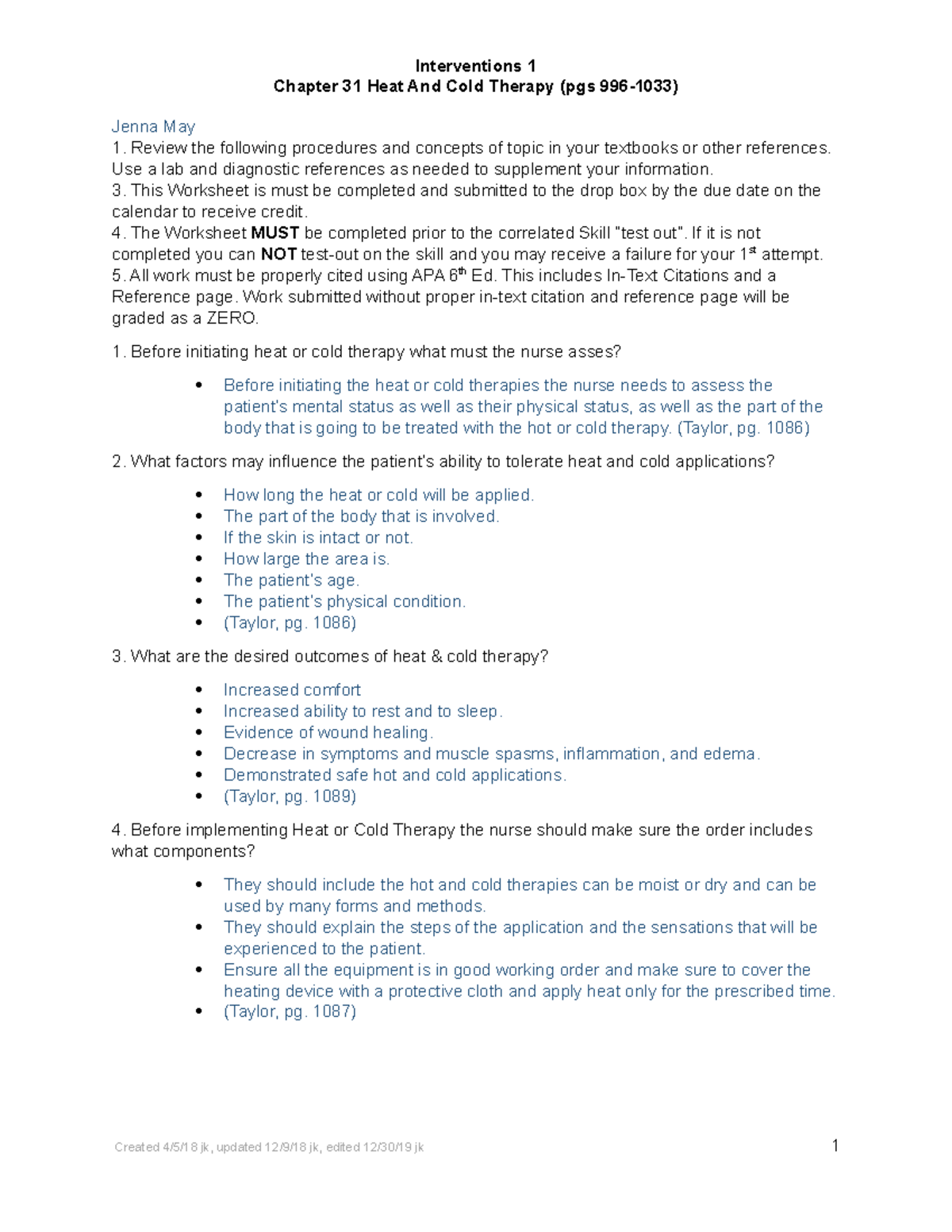 Heat & Cold Therapt WS JMAY Chapter 31 Heat And Cold Therapy (pgs 9961033) Jenna May Review