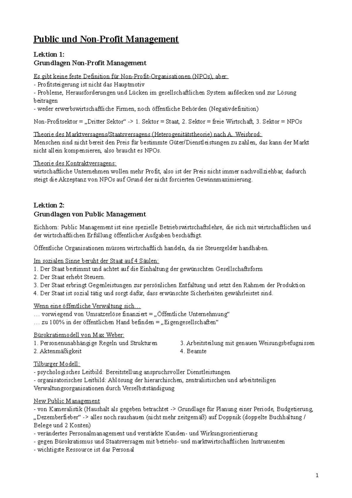 Public Und Nonprofit Management Public und Non-Profit Management - Zusammen- Zusammenfassung - Public