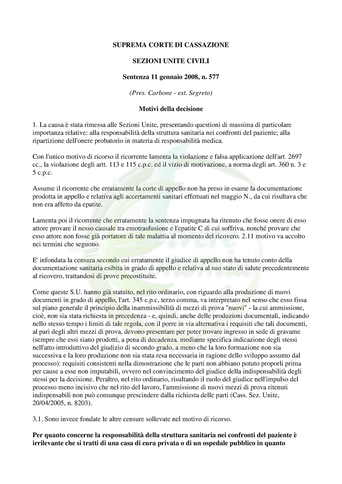 Sentenza N. 577 Del 11 Gennaio 2008 - SUPREMA CORTE DI CASSAZIONE ...