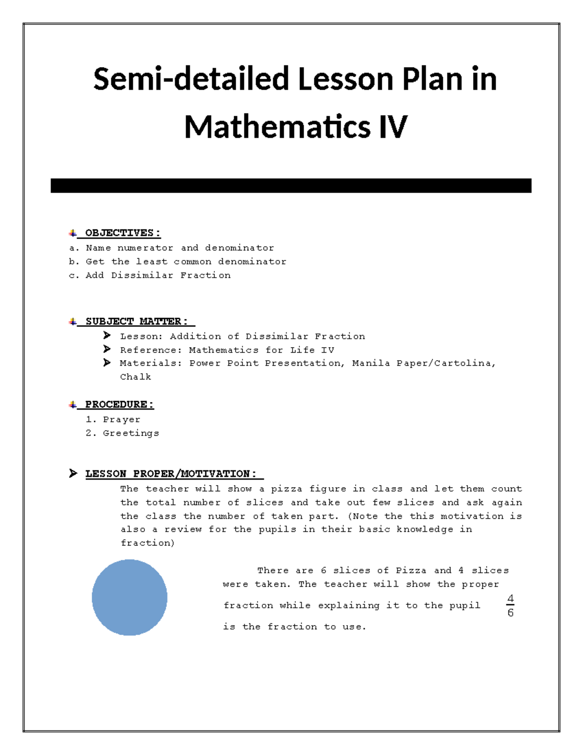 Lesson PLAN MATH 4 - ................ - OBJECTIVES: a. Name numerator ...