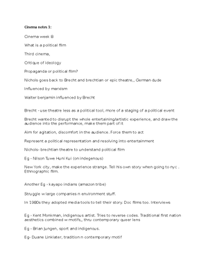 Cinema notes 1 - Prof J. Synenko - Cinema notes: Evaluation of film is ...