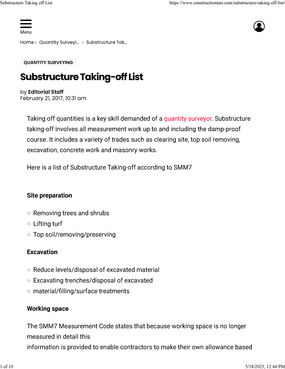 substructure-taking-off-list-first-one-home-quantity-surveyi