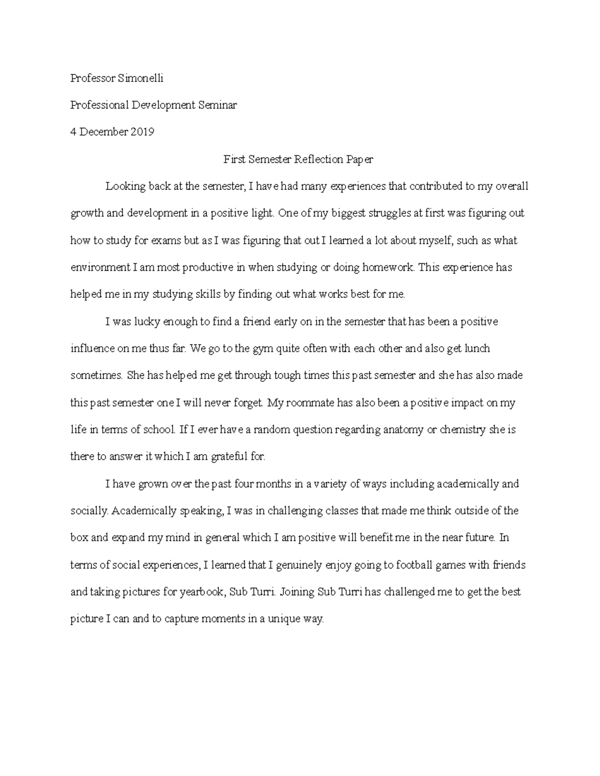 First Semester Reflection Paper - Professor Simonelli Professional ...