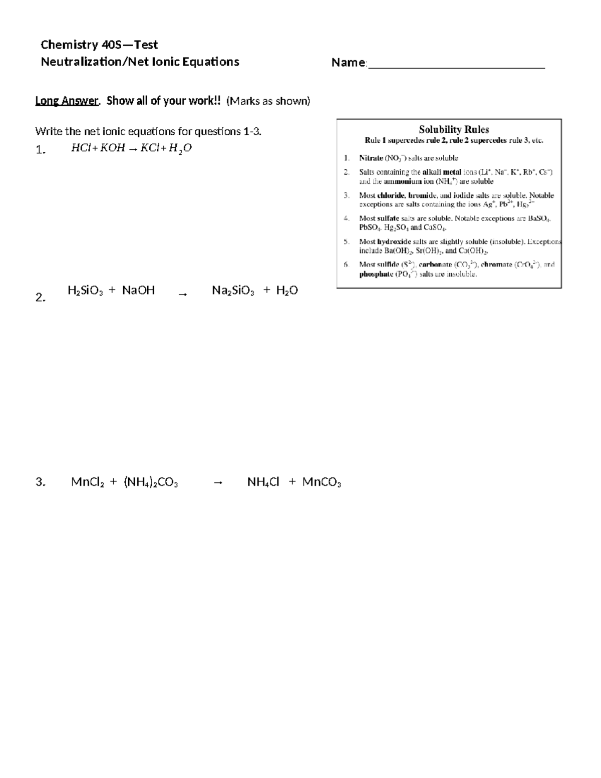 Acid base neutralization net ionic A - Chemistry 40S—Test ...