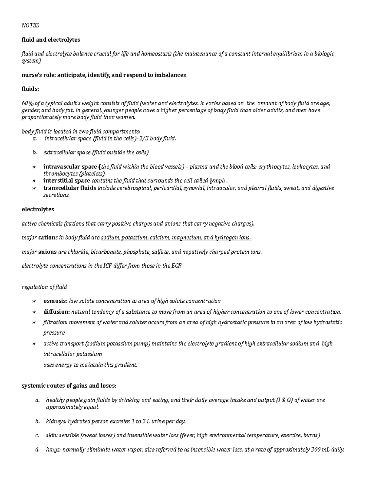 Fluid and electrolytes - NOTES fluid and electrolytes fluid and ...