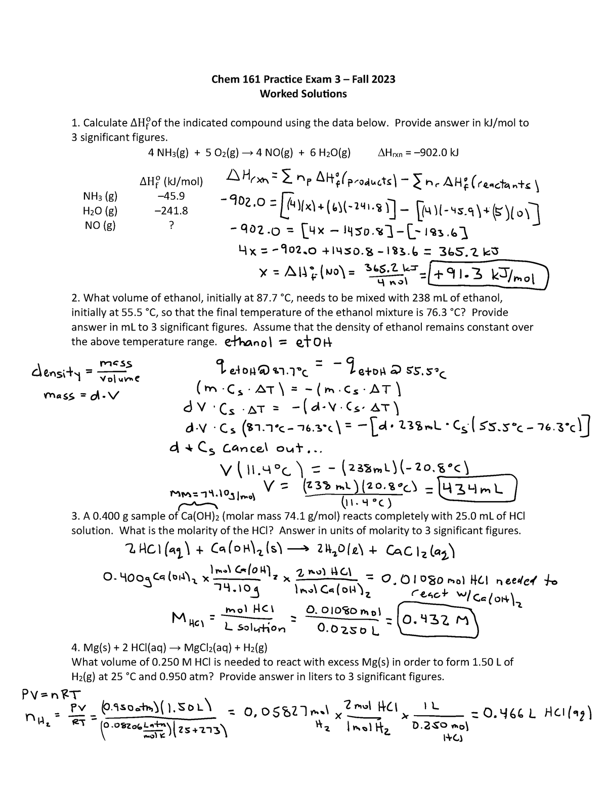 Practice Exam 3 Worked Solutions - Chem 161 Practice Exam 3 – Fall 2023 ...