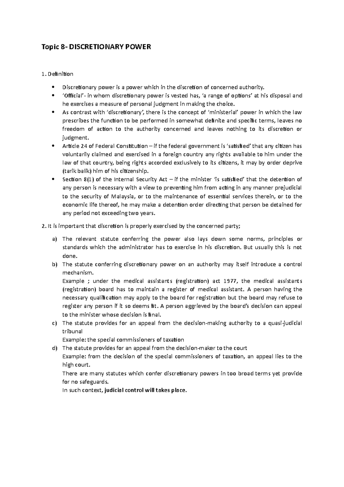 Discretionary Power - Administration Law - Topic 8- DISCRETIONARY POWER