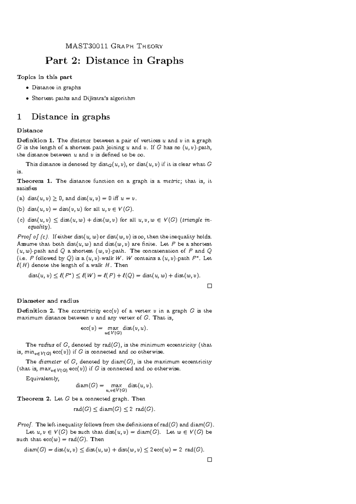 Graph Theory 2024Notes 2 - MAST30011 Graph Theory Part 2: Distance in ...