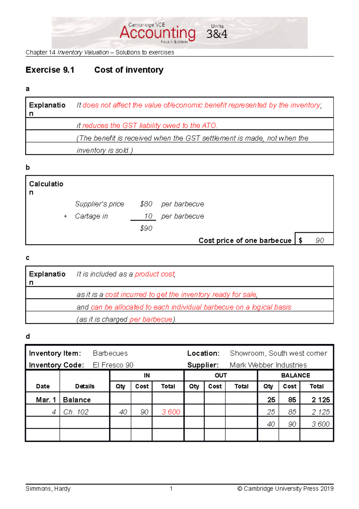 Ch09Inventory Valuation Solutions - Exercise 9 Cost of inventory a ...