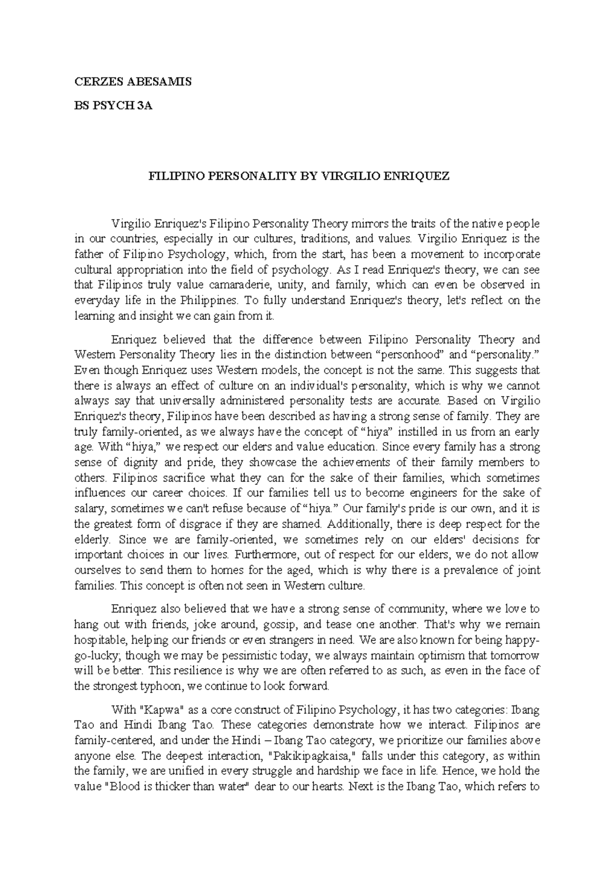 Virgilio Enriquez - CERZES ABESAMIS BS PSYCH 3A FILIPINO PERSONALITY BY ...
