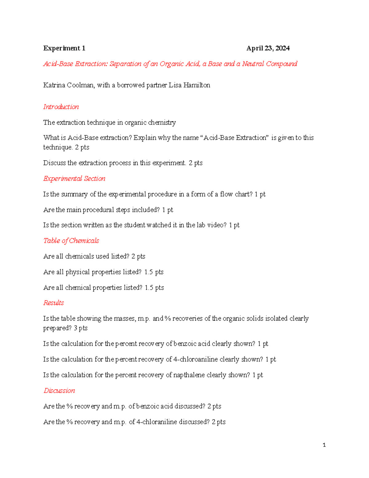 Lab 1 - 1 Experiment 1 April 23, 2024 Acid-Base Extraction: Separation ...