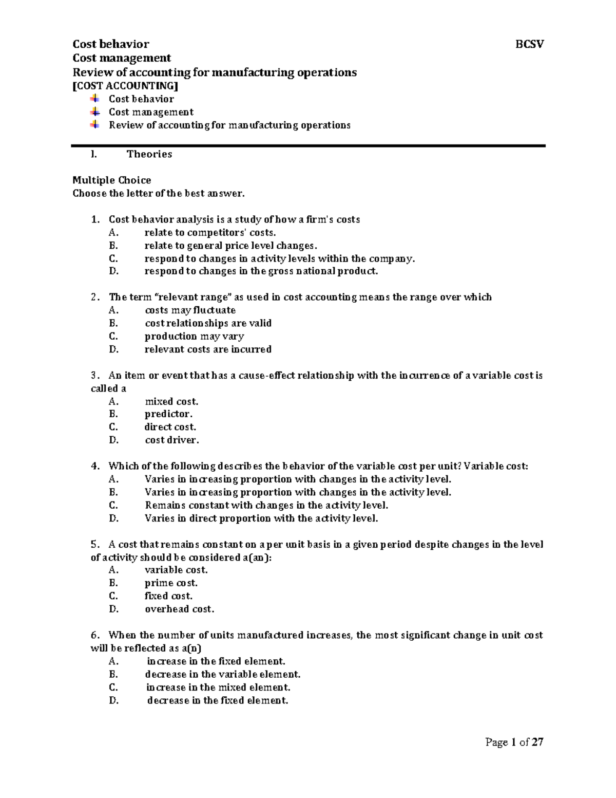 Toaz - Practice Material For Cost Accounting Chapter 1 And 2 - Cost ...