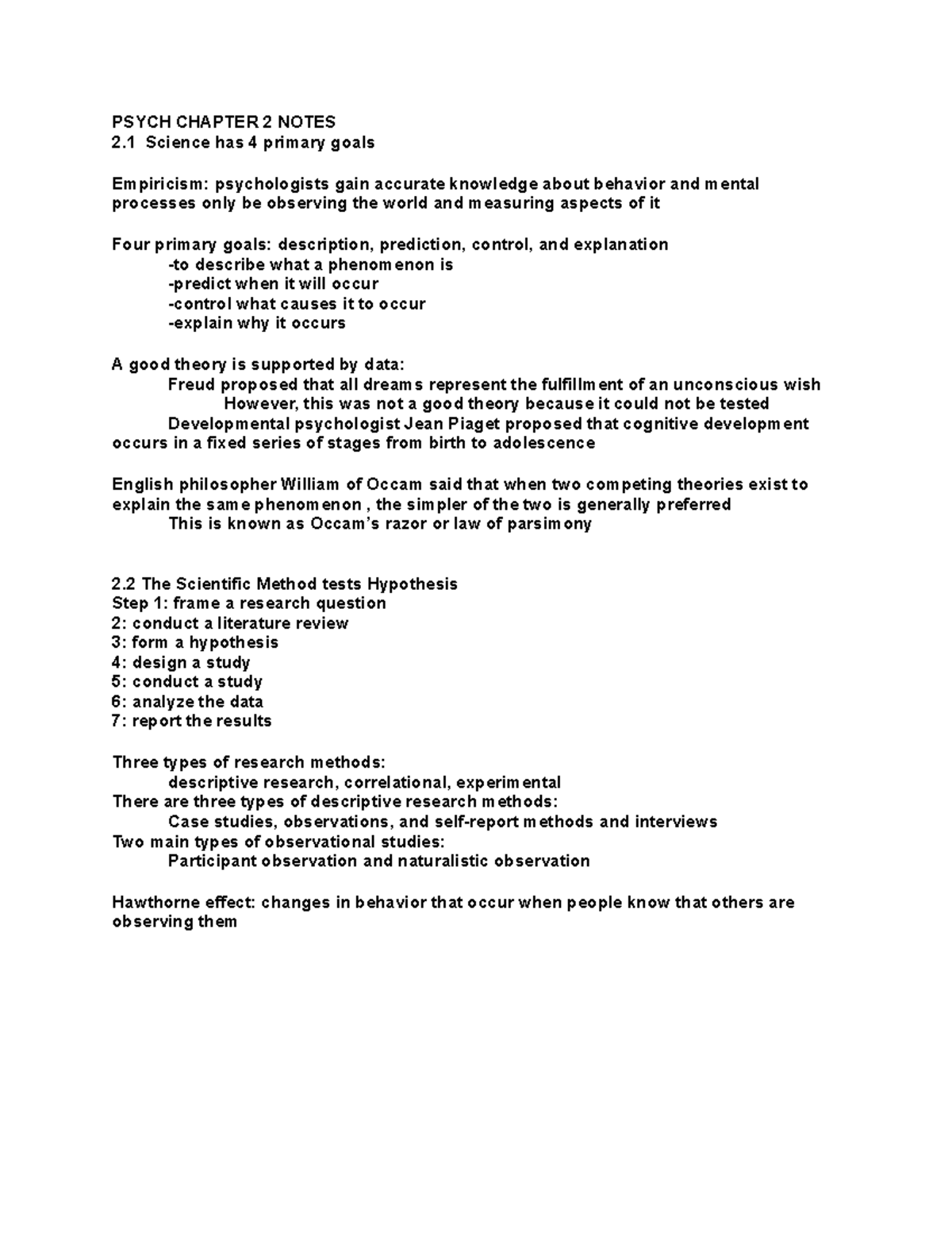 Psych Chapter 2 Notes Studydoc - PSYCH CHAPTER 2 NOTES 2 Science has 4 ...