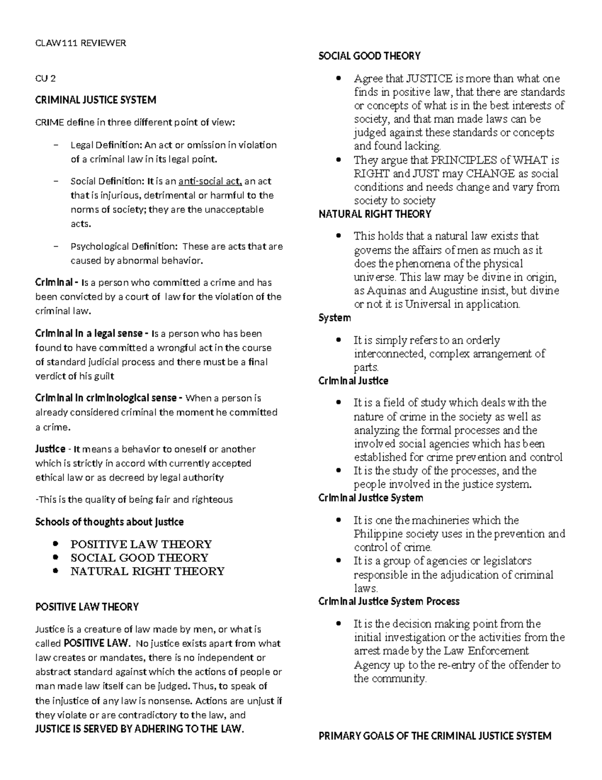 CLAW Reviewer - CU 2 CRIMINAL JUSTICE SYSTEM CRIME define in three ...