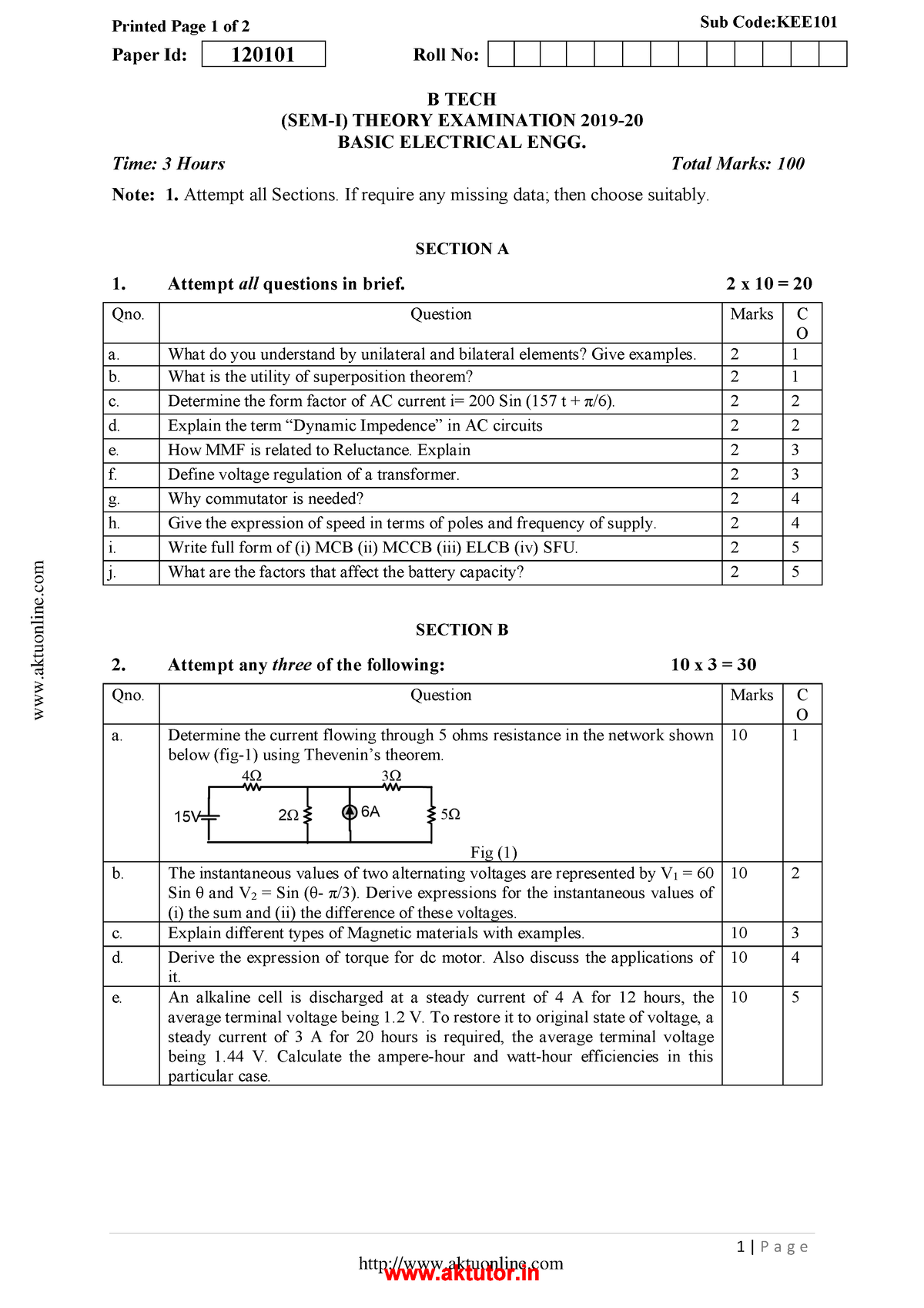 KEE101T electrical AKTU 5year - Printed Page 1 of 2 Sub Code:KEE Paper ...