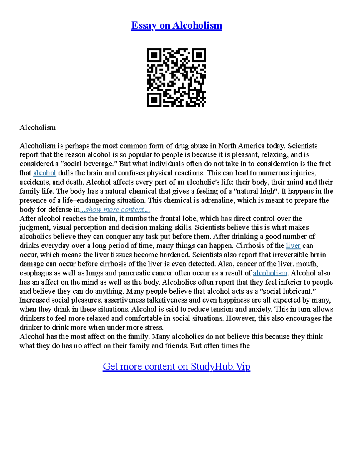 Alcohol Abuse Essays - Essay on Alcoholism Alcoholism Alcoholism is ...