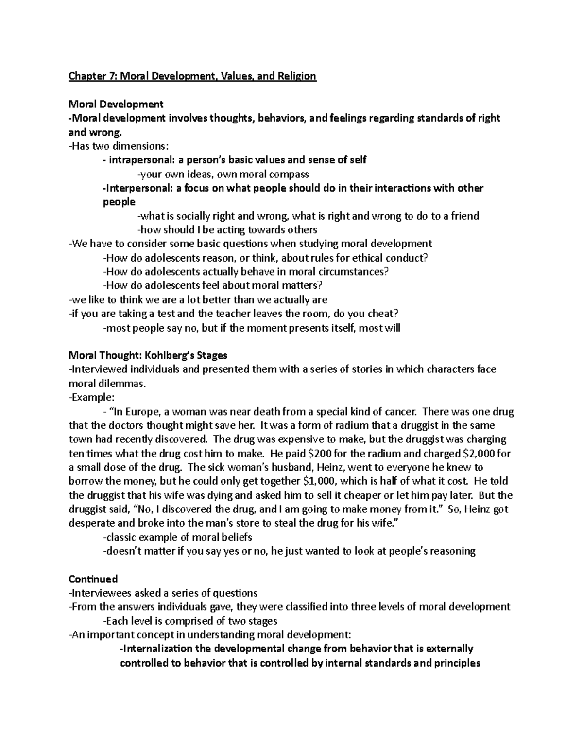 Chapter 7 lecture notes - Chapter 7: Moral Development, Values, and ...