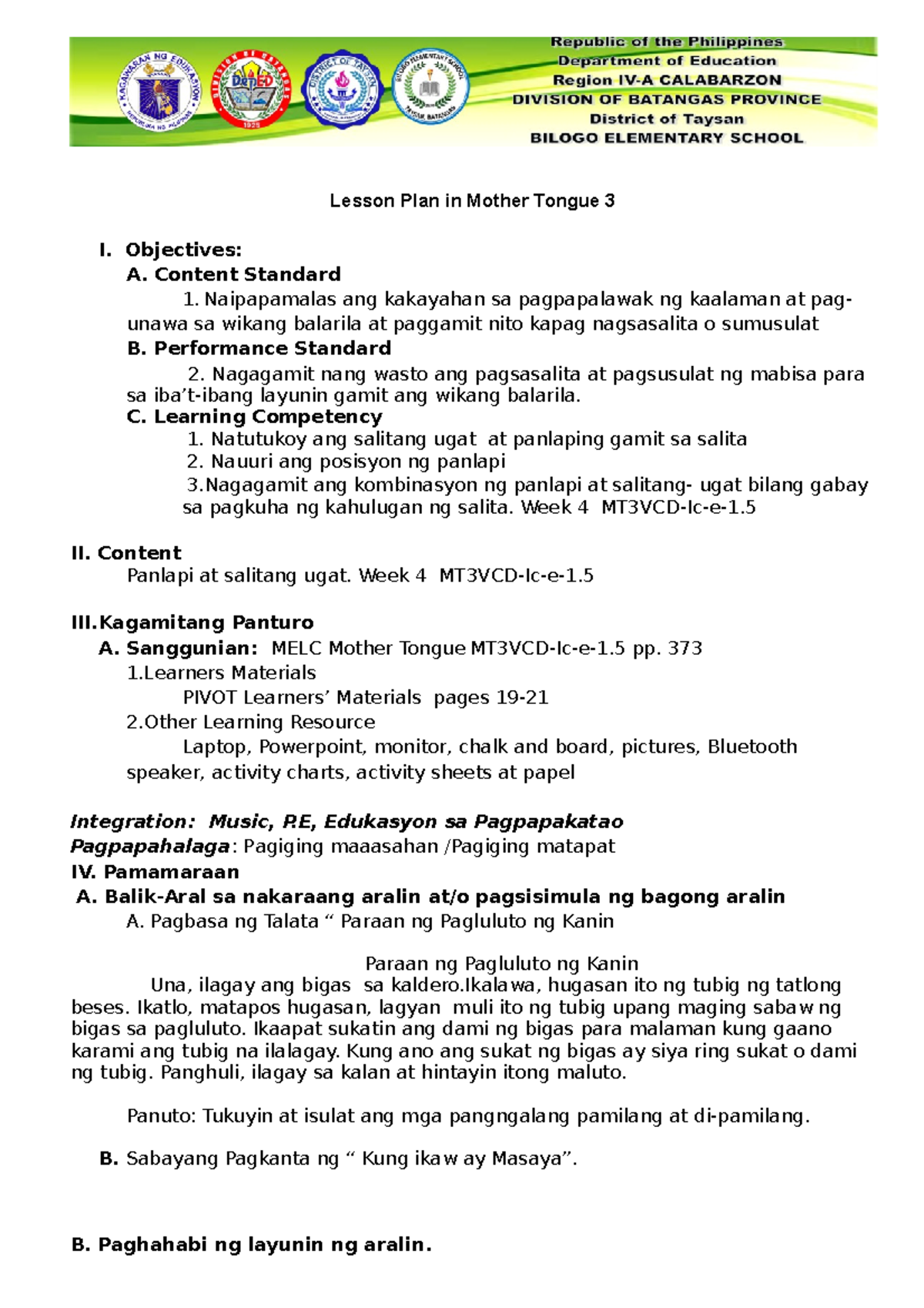 cotmother tongue Lesson Plan in Mother Tongue 3 I. Objectives A