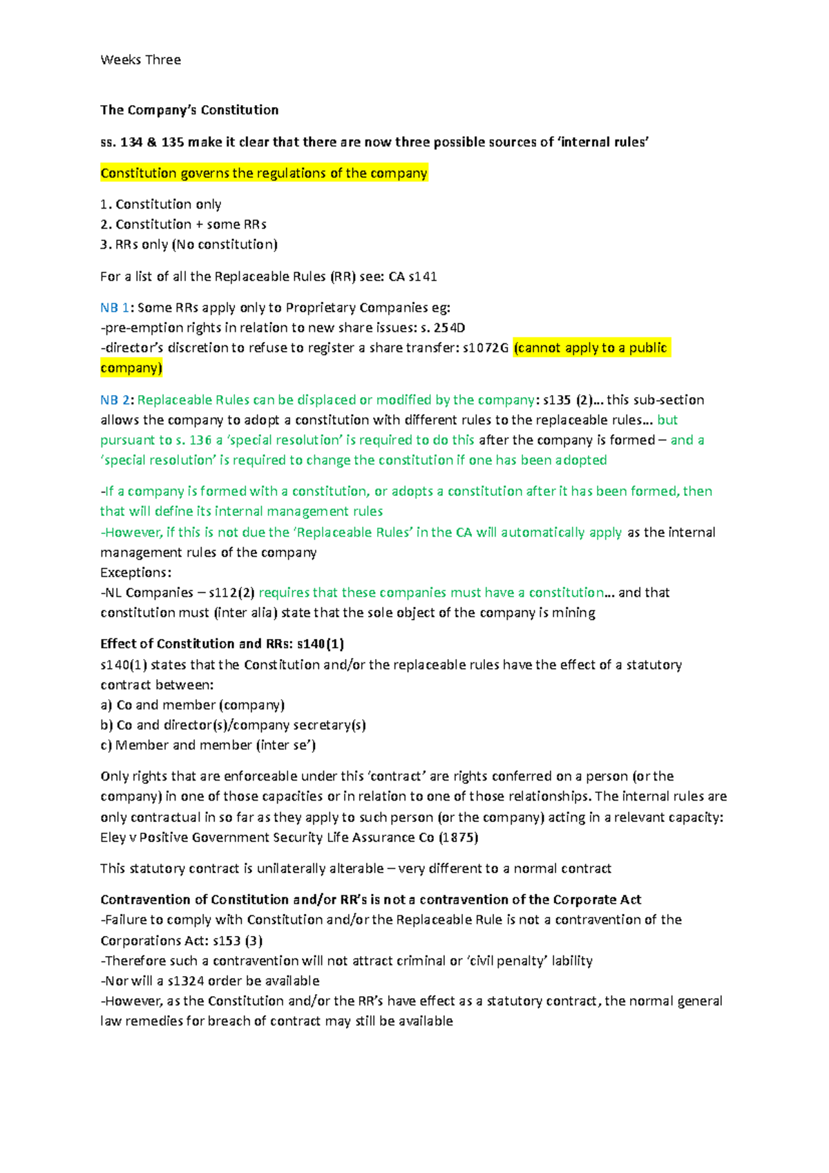 Notes - The Company’s Constitution ss. 134 & 135 make it clear that ...