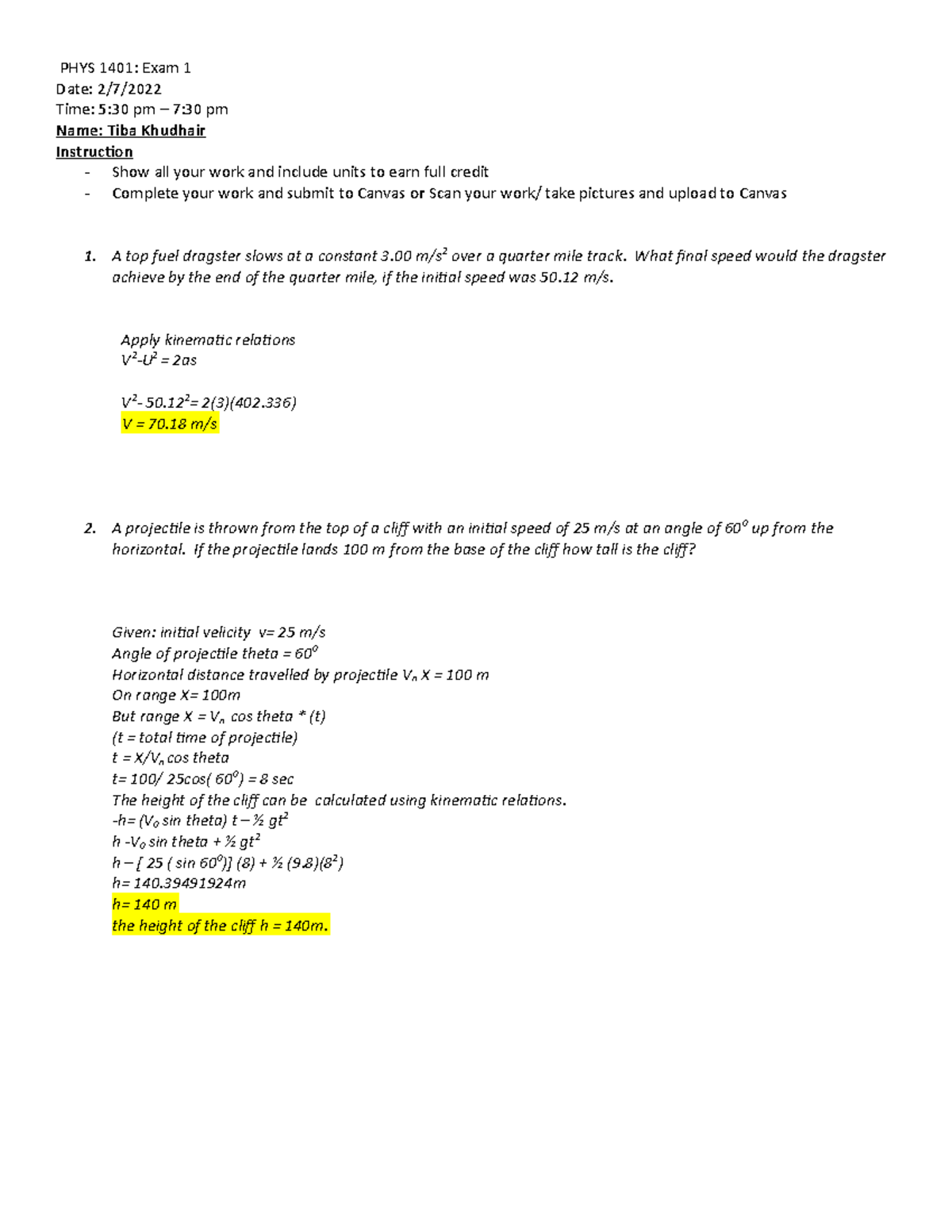 HCC PHYS 1401 EXAM 1-2 (1) - PHYS 1401: Exam 1 Date: 2/7/ Time: 5:30 pm ...