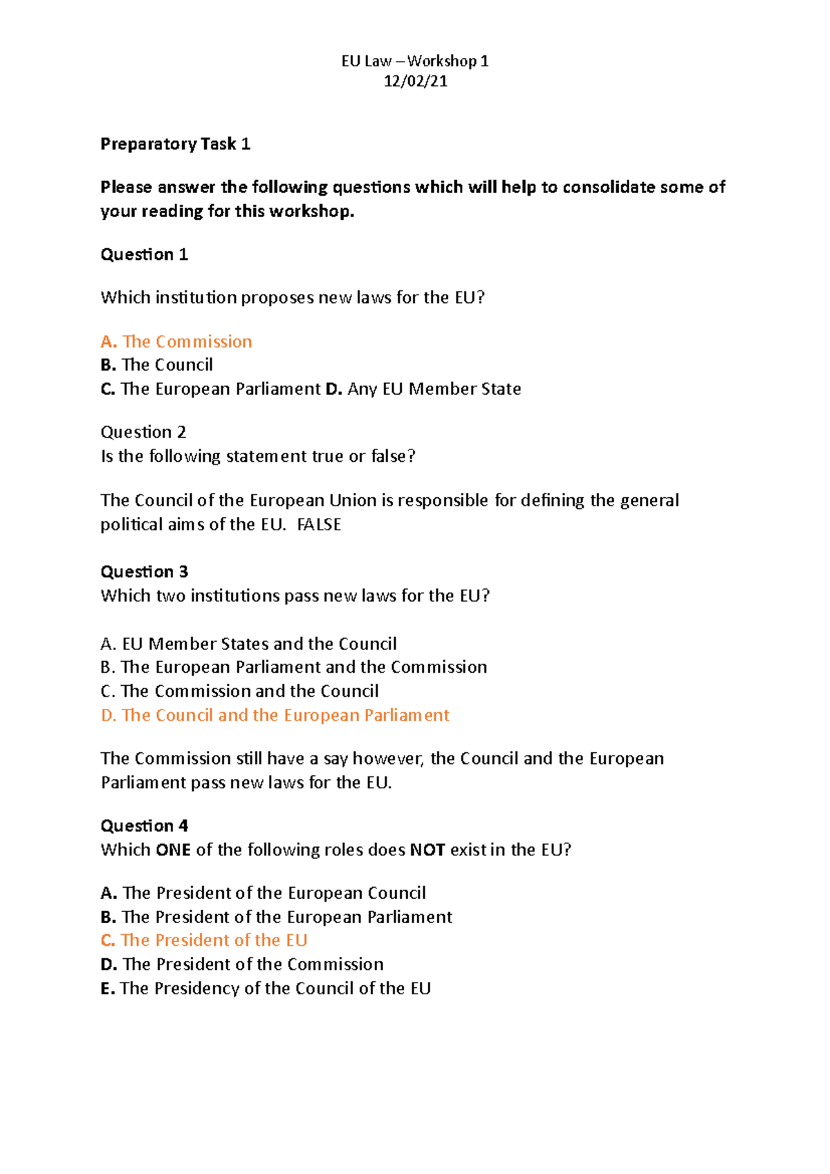 EU Law - Workshop 1 - EU Law – Workshop 1 12/02/ Preparatory Task 1 ...