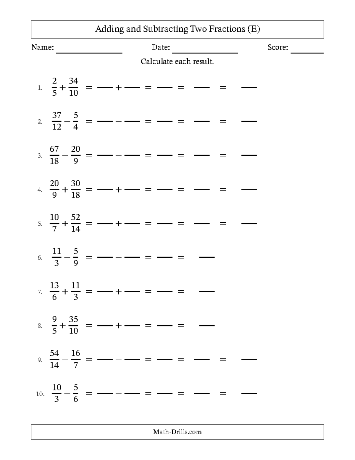Fractions addsub improper easy 005 - Adding and Subtracting Two ...
