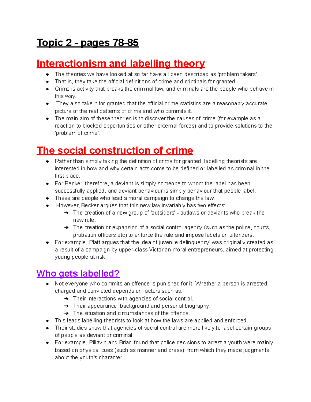 Topic 2 notes - Topic 2 - pages 78- Interactionism and labelling theory ...