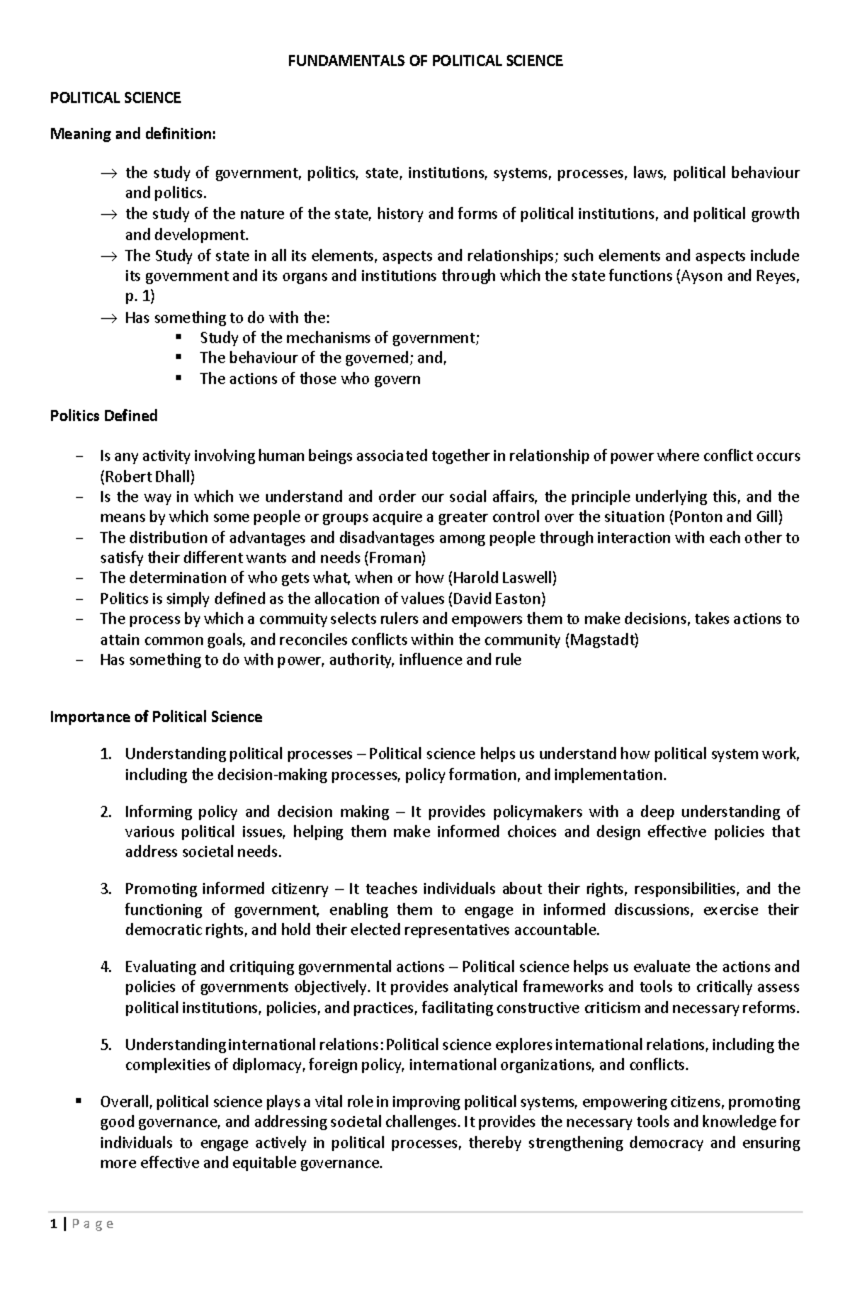 Fundamentals of Political Science Handout #1 - FUNDAMENTALS OF ...