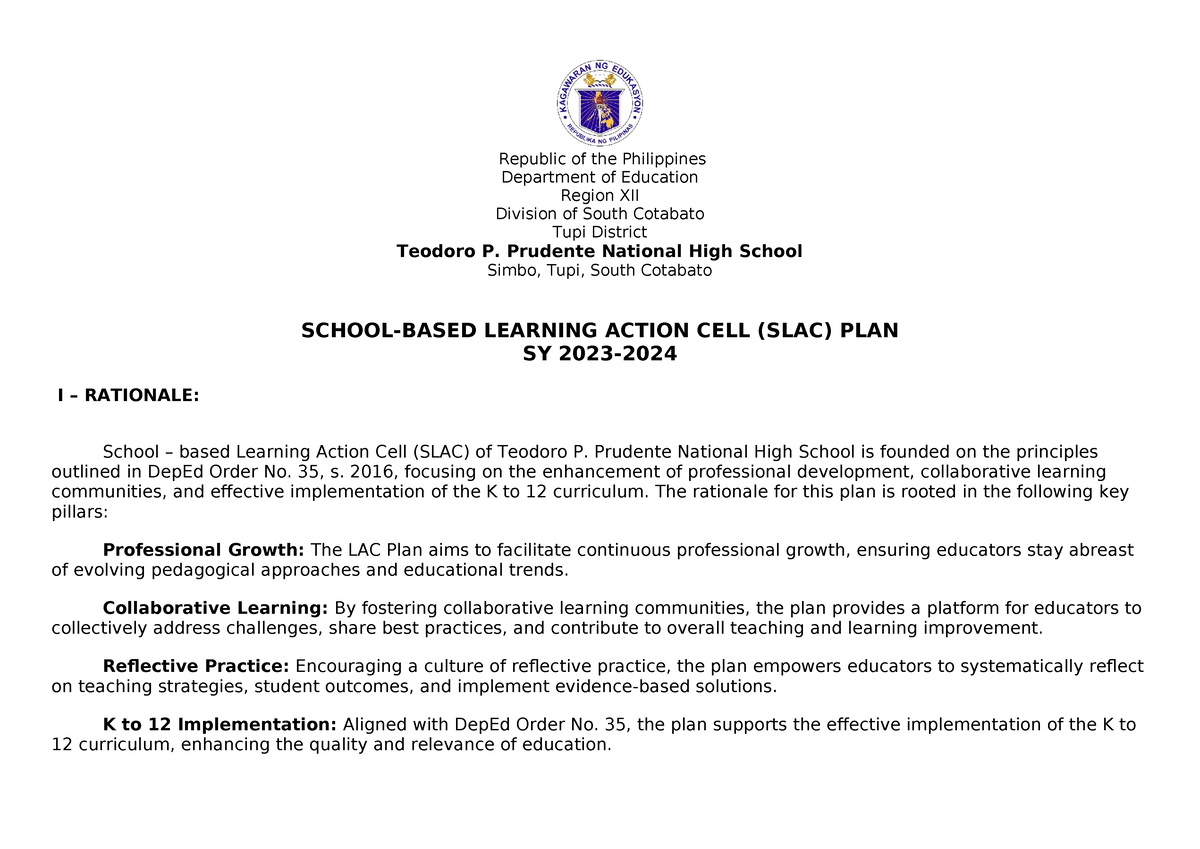 LAC Action PLAN 20232024 copy Republic of the Philippines Department