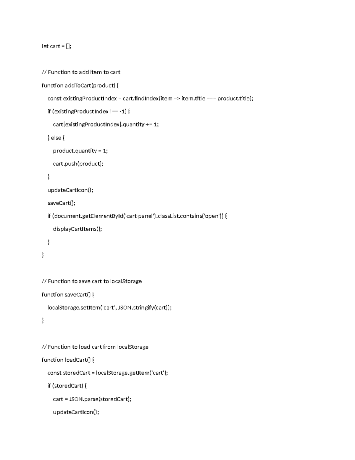 Cart1 js let cart = []; // Function to add item to cart function