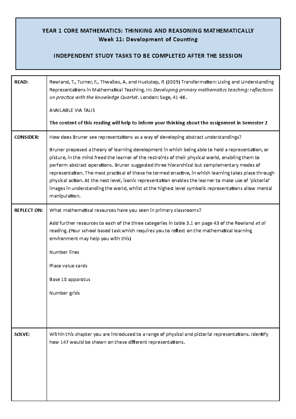 Tasks prior to semester 2 - YEAR 1 CORE MATHEMATICS: THINKING AND ...