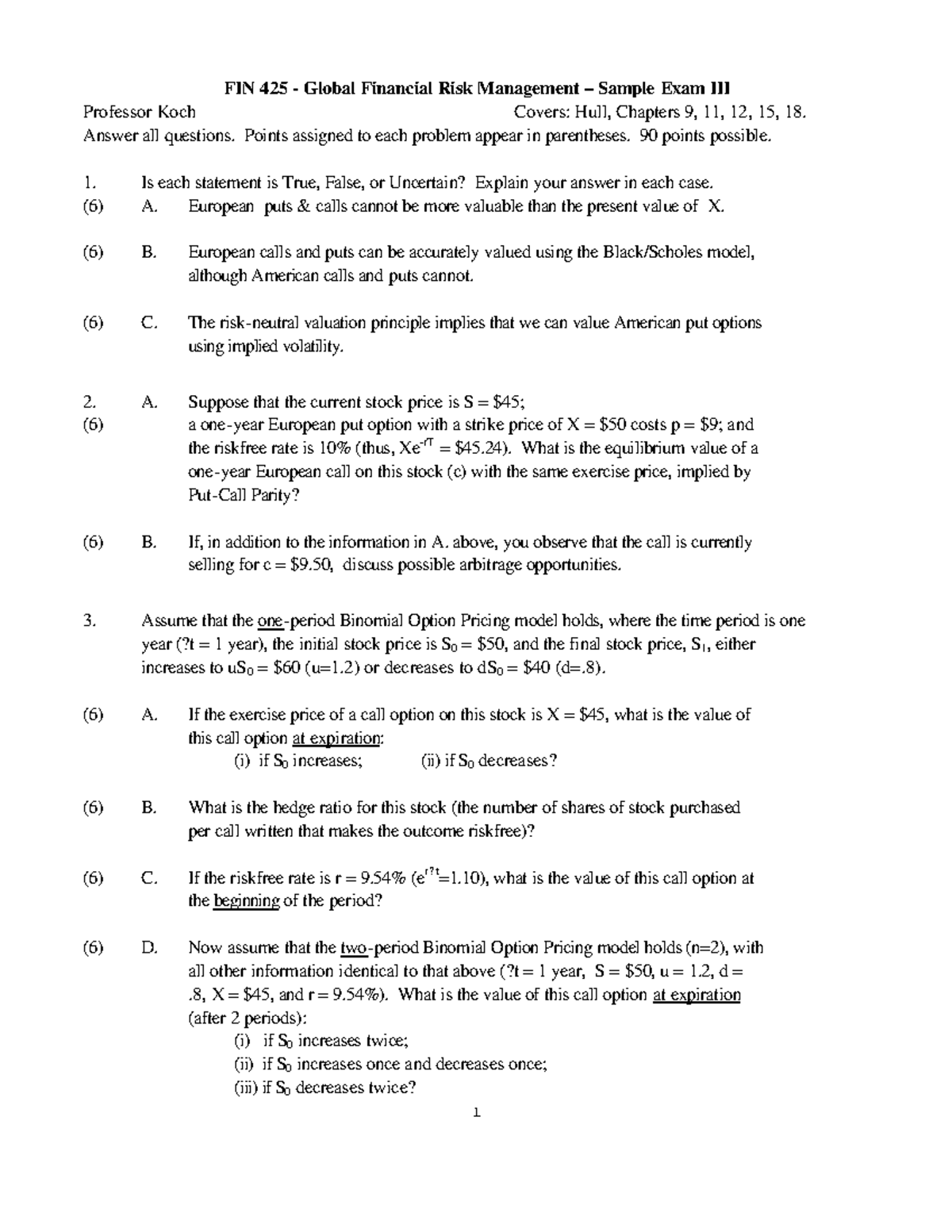 Riskmgt fin 425 sample exam 3 - 1 FIN 425 - Global Financial Risk ...