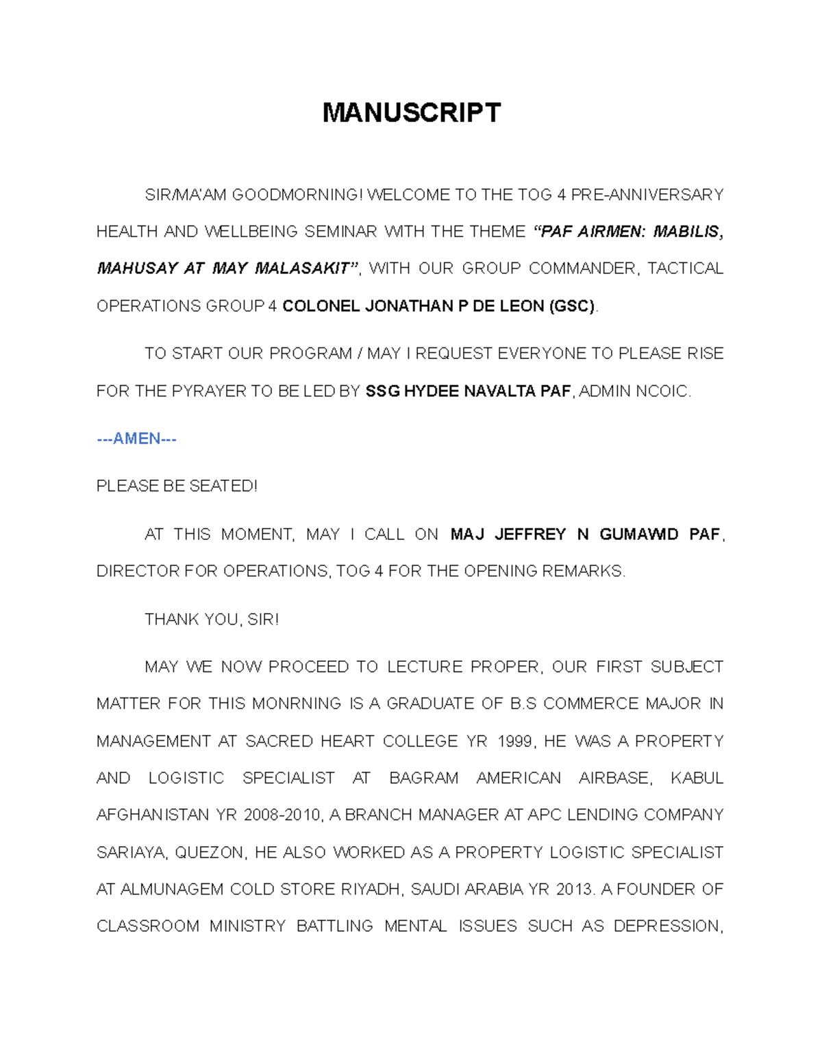 Manuscript - MANUSCRIPT SIR/MA’AM GOODMORNING! WELCOME TO THE TOG 4 PRE ...