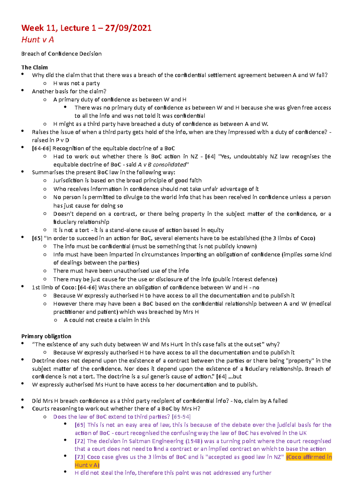 Laws122 Week 11 Lecture 1 On Hunt V A Week 11 Lecture 1 2709 Hunt V A Breach Of 4048