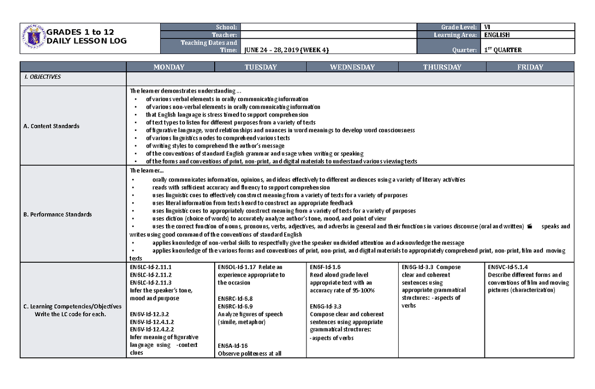 DLL English 6 Q1 W4 - gnfxbfn - GRADES 1 to 12 DAILY LESSON LOG School ...