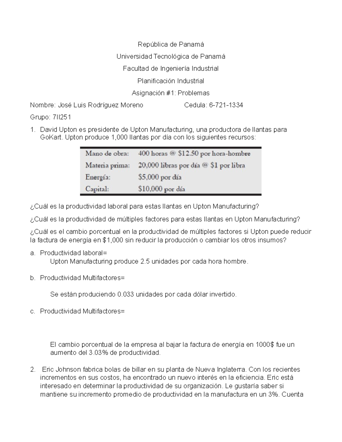 Tarea De Problemas De Productividad Empresarial Rep blica De Panam 