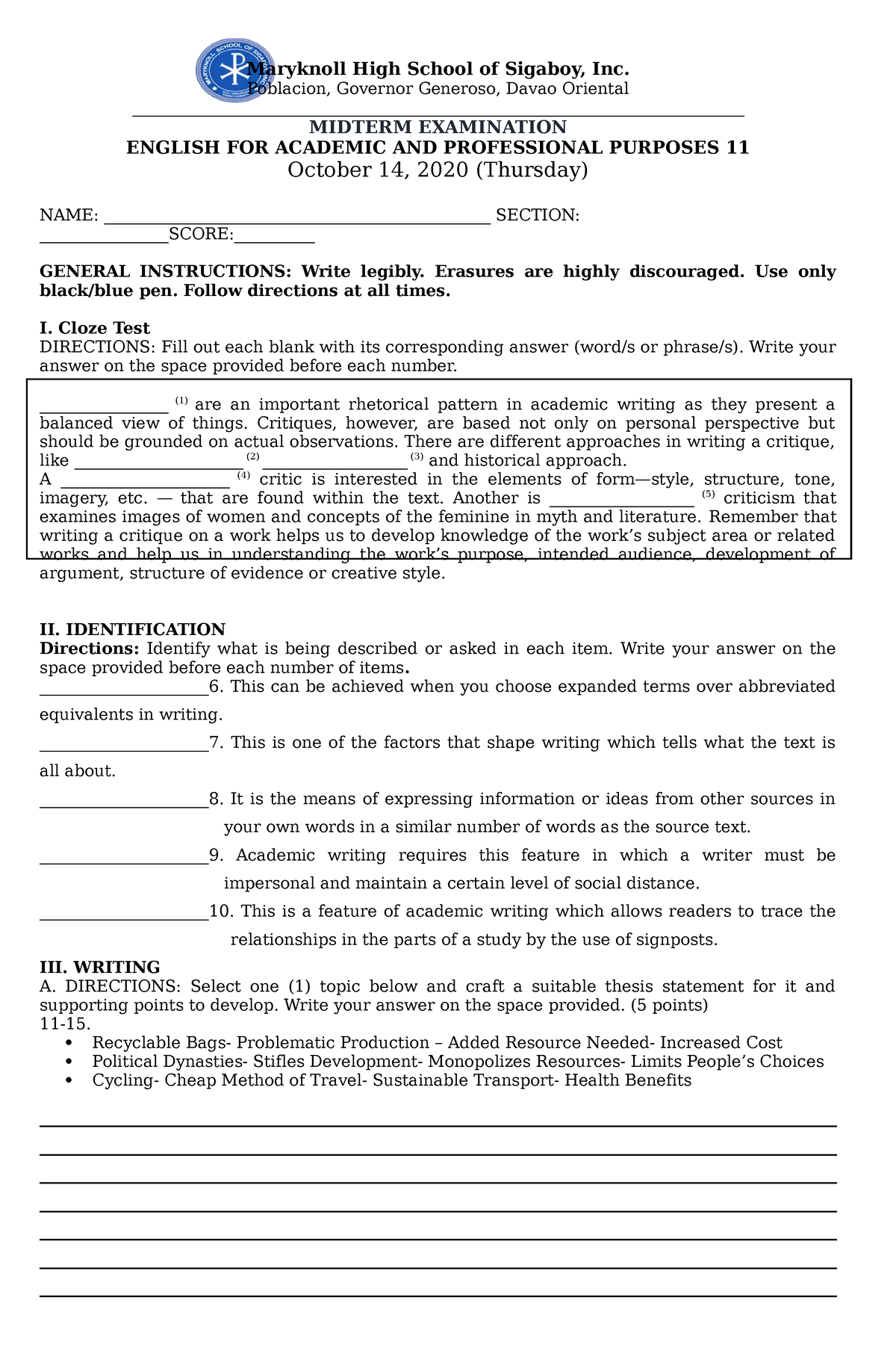 Eapp11 Midterm Tq - Maryknoll High School Of Sigaboy, Inc. Poblacion 