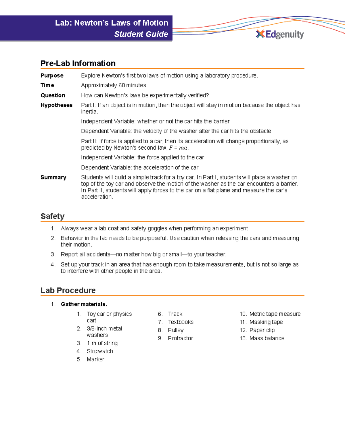LabNewton's Laws of Motionstudent guide PreLab Information Purpose