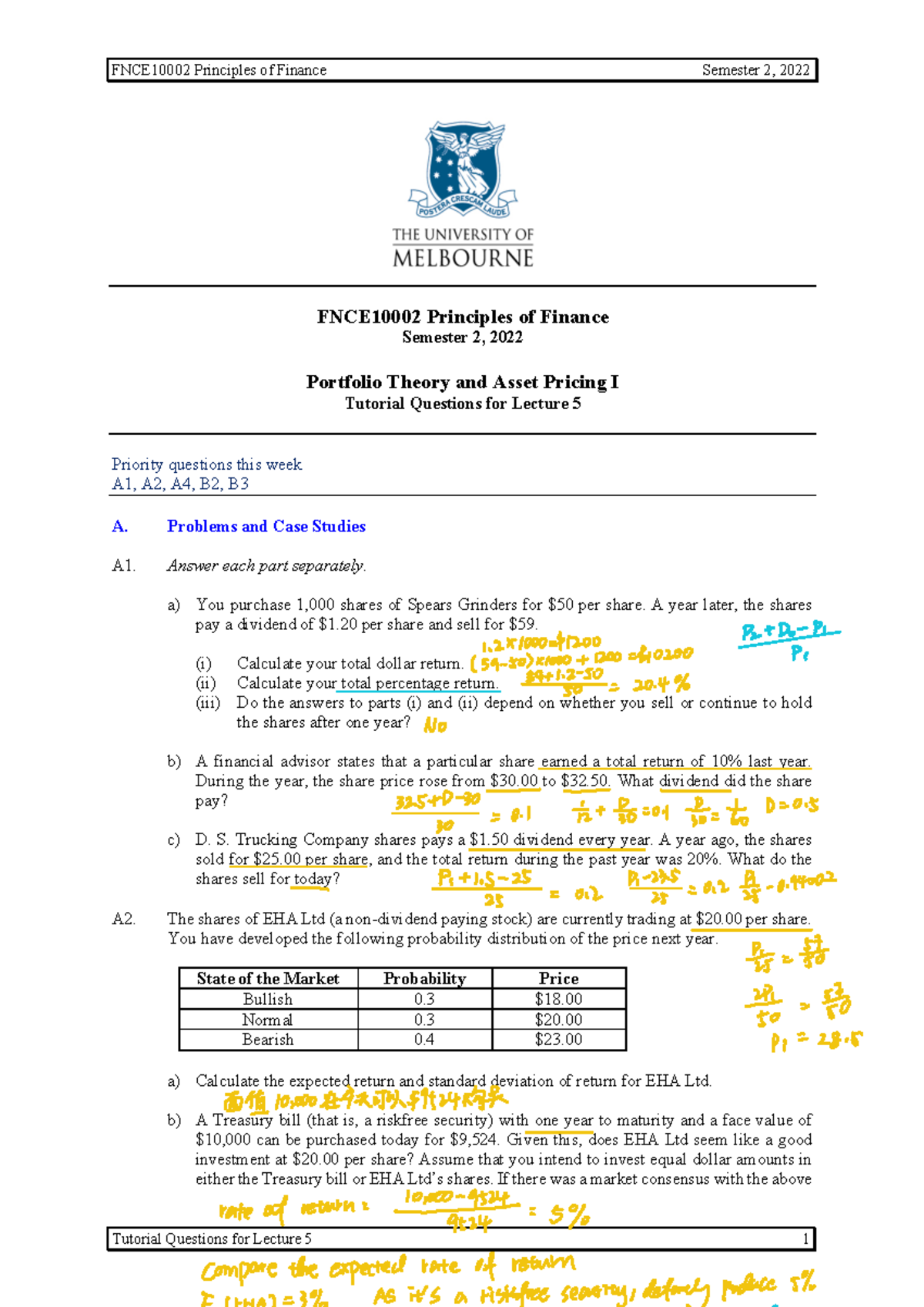 FNCE Tutorial+05+-with+solutions - FNCE10002 Principles of Finance ...