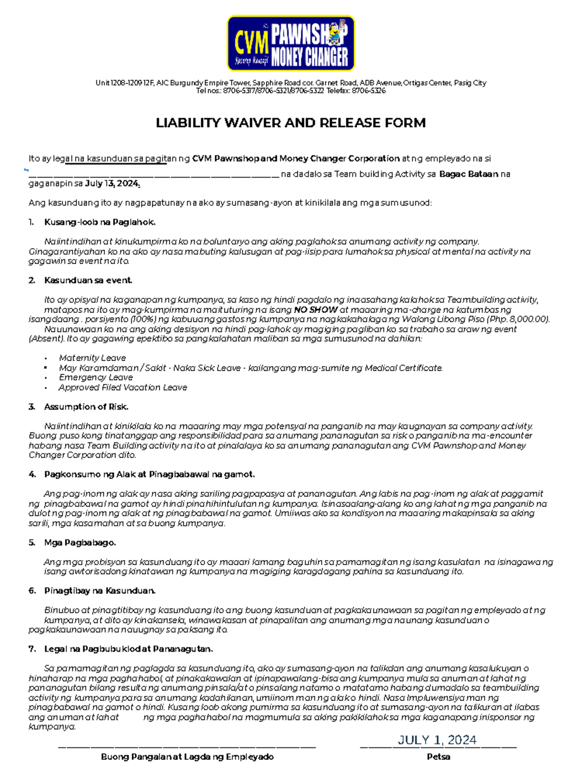 Liability Waiver and Release Form 2024 041632 - Unit 1208-1209 12F, AIC ...