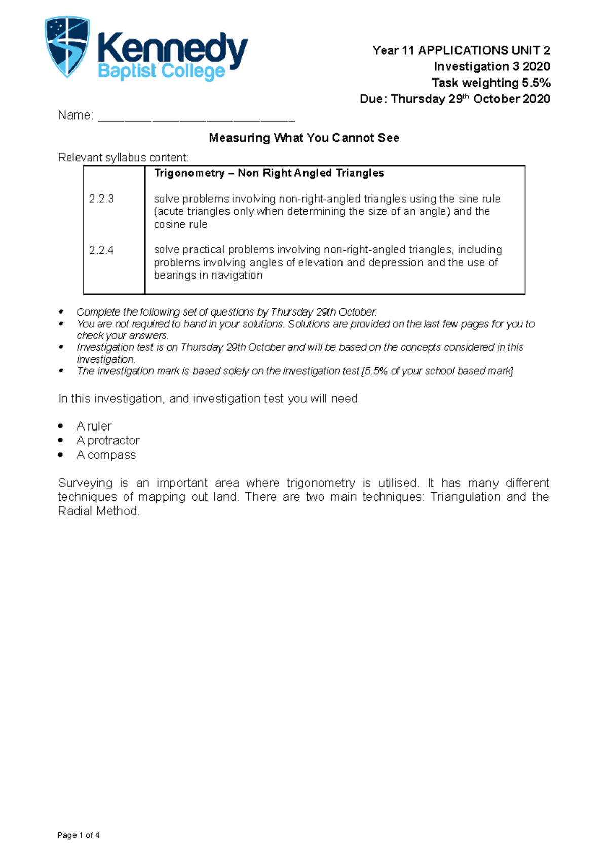 Kennedy 2020 Investigation 3 Trig in ground survey - Year 11 ...