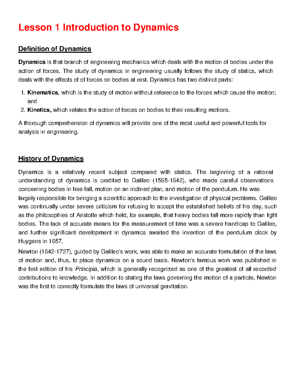 Dynamics of Rigid Bodies All Topics Lesson 1 Introduction to Dynamics Definition of Dynamics