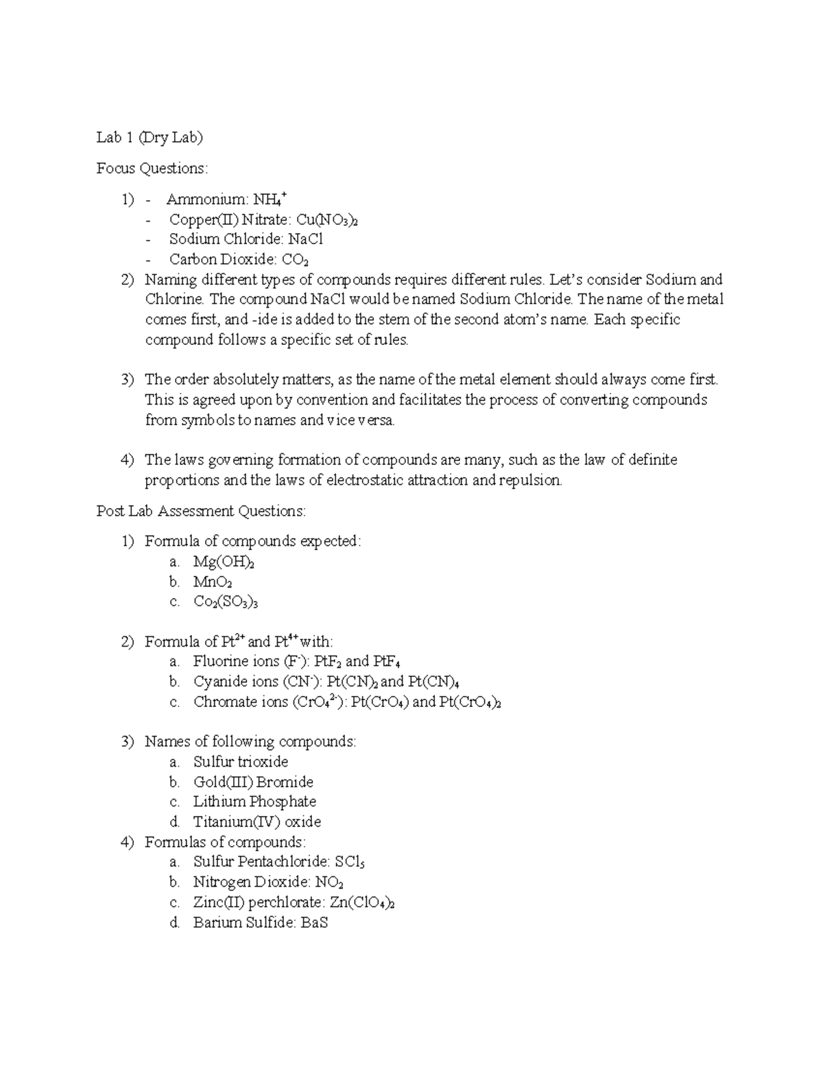 Lab 1 (Dry Lab) This is the first lab of CHem 106 Lab 1 (Dry Lab