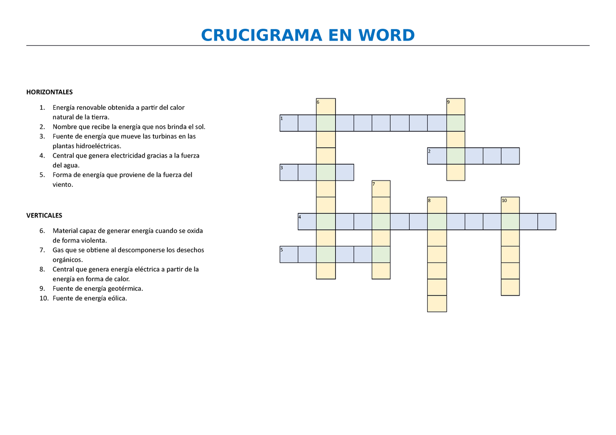 Crucigrama-ejemplo - akakakkakakkkkk - CRUCIGRAMA EN WORD HORIZONTALES  Energía renovable obtenida a - Studocu