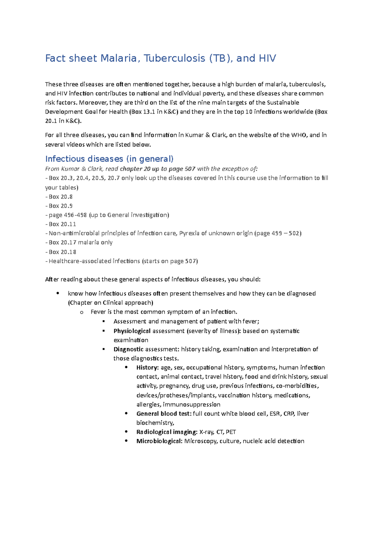 Fact sheet Malaria - TB- HIV - Student version - Fact sheet Malaria ...