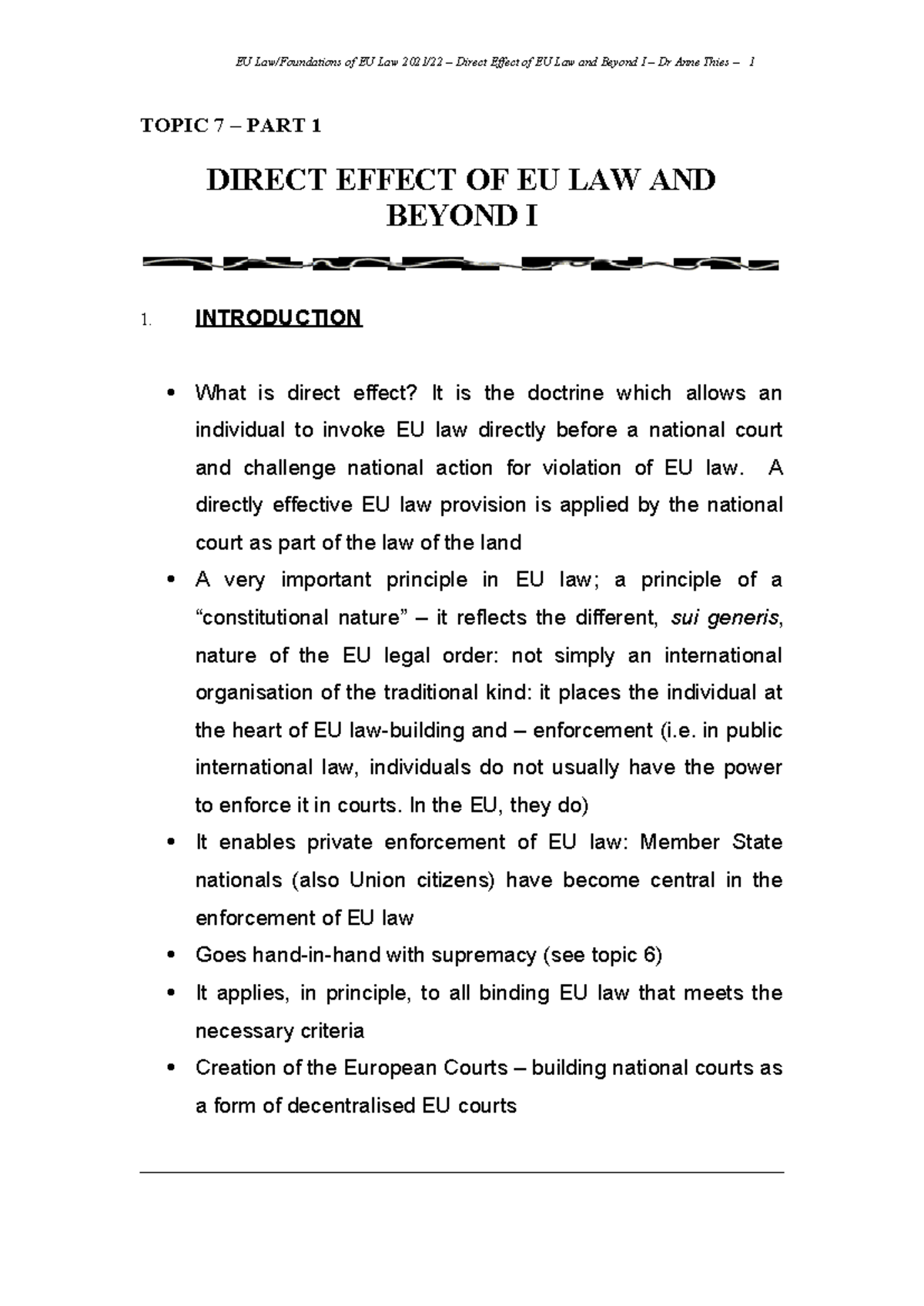 Topic 7 Part 1 Direct Effect of EU Law and Beyond I - TOPIC 7 – PART 1 ...