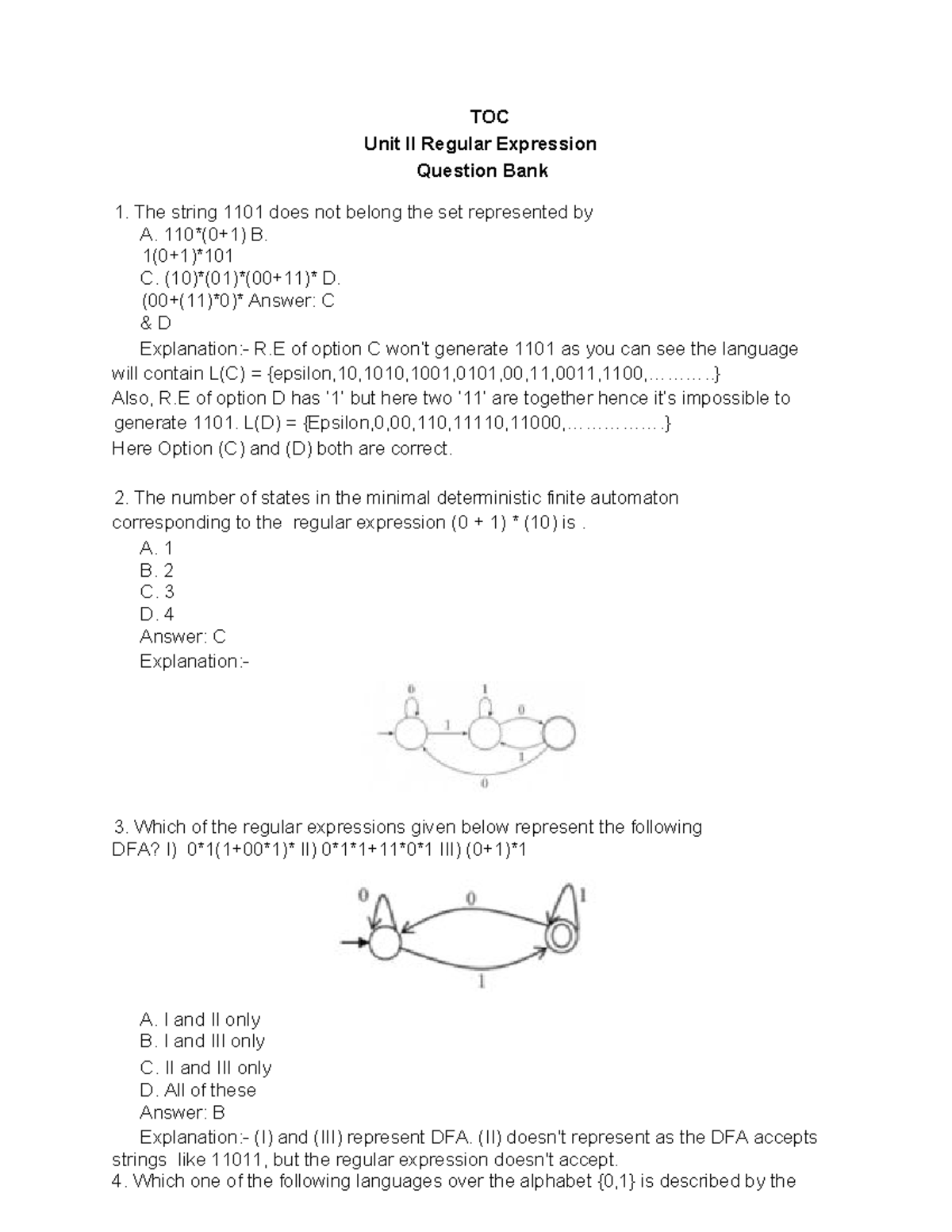 TOC Unit 2 RE MCQ QB - Bdb - TOC Unit II Regular Expression Question ...