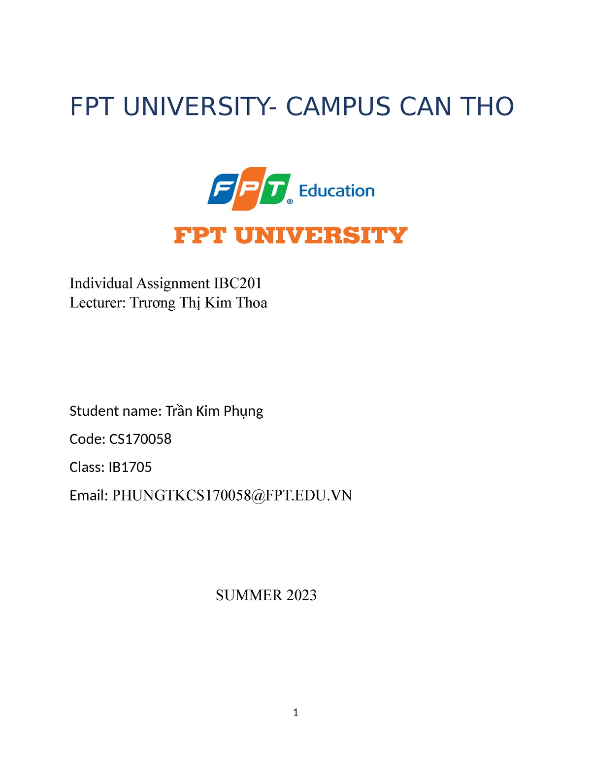 IBC 201 IB1705 CS170058 - FPT UNIVERSITY- CAMPUS CAN THO Individual ...