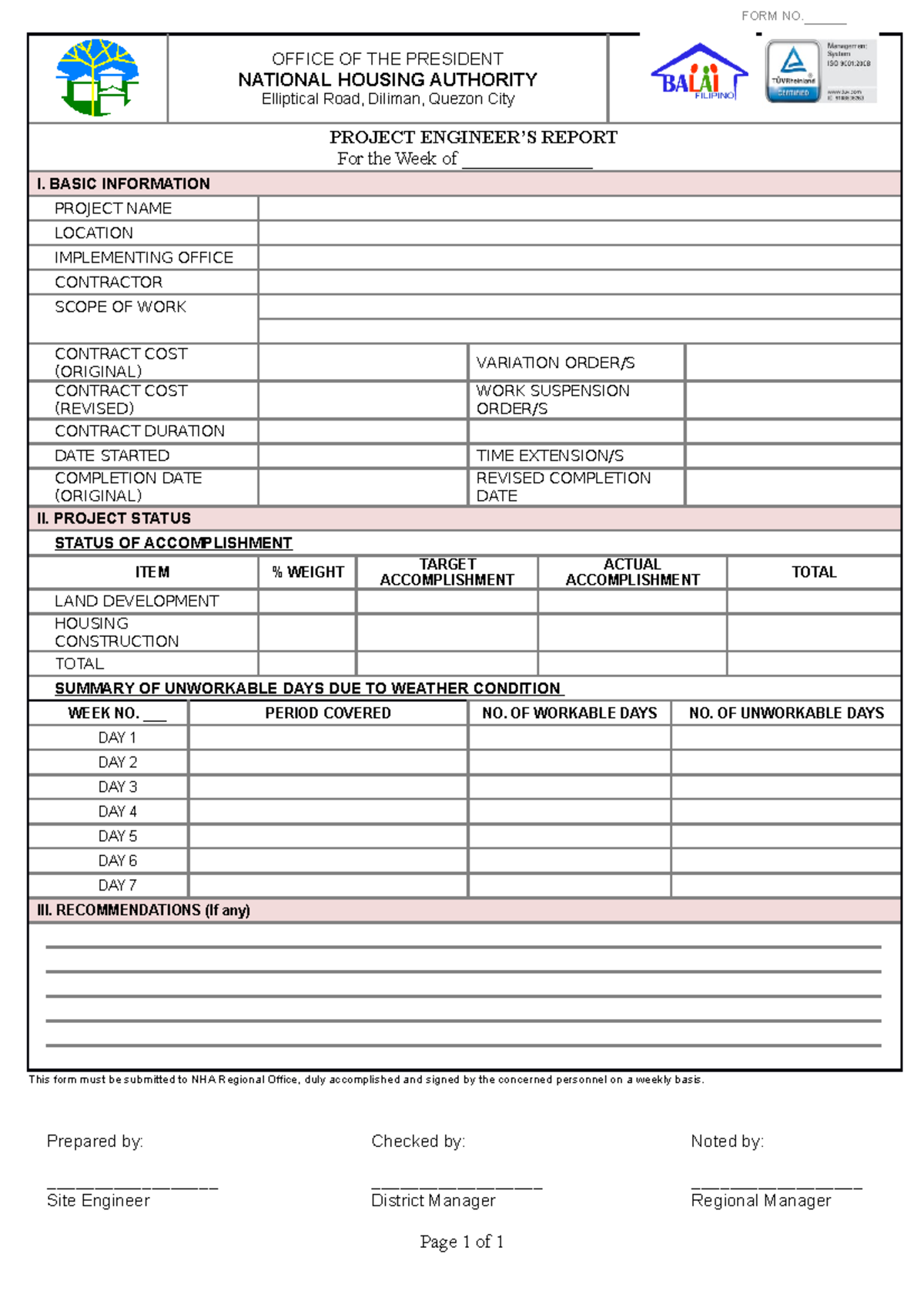 Project Engineers Report, Weekly - OFFICE OF THE PRESIDENT NATIONAL ...